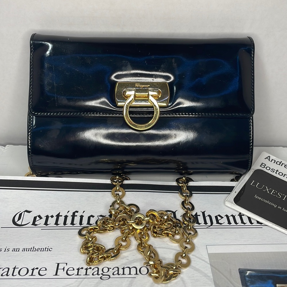 Authentic SALVATORE FERRAGAMO black patent leather & gold Crossbody bag with COA
